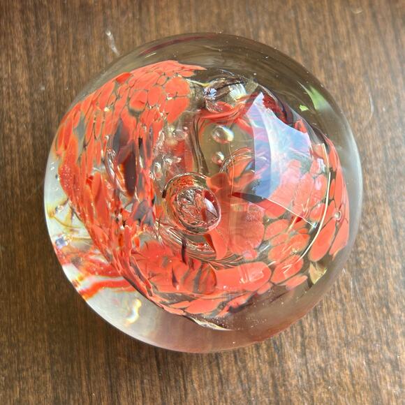 Vintage Blown Glass Paperweight With Controlled Bubbles Red Orange Swirl - Picture 3 of 9